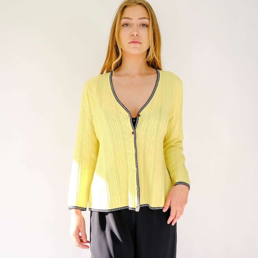 Vintage Escada Daffodil Yellow Textured Knit Cardigan Pattern Trim Sz 38 Preppy